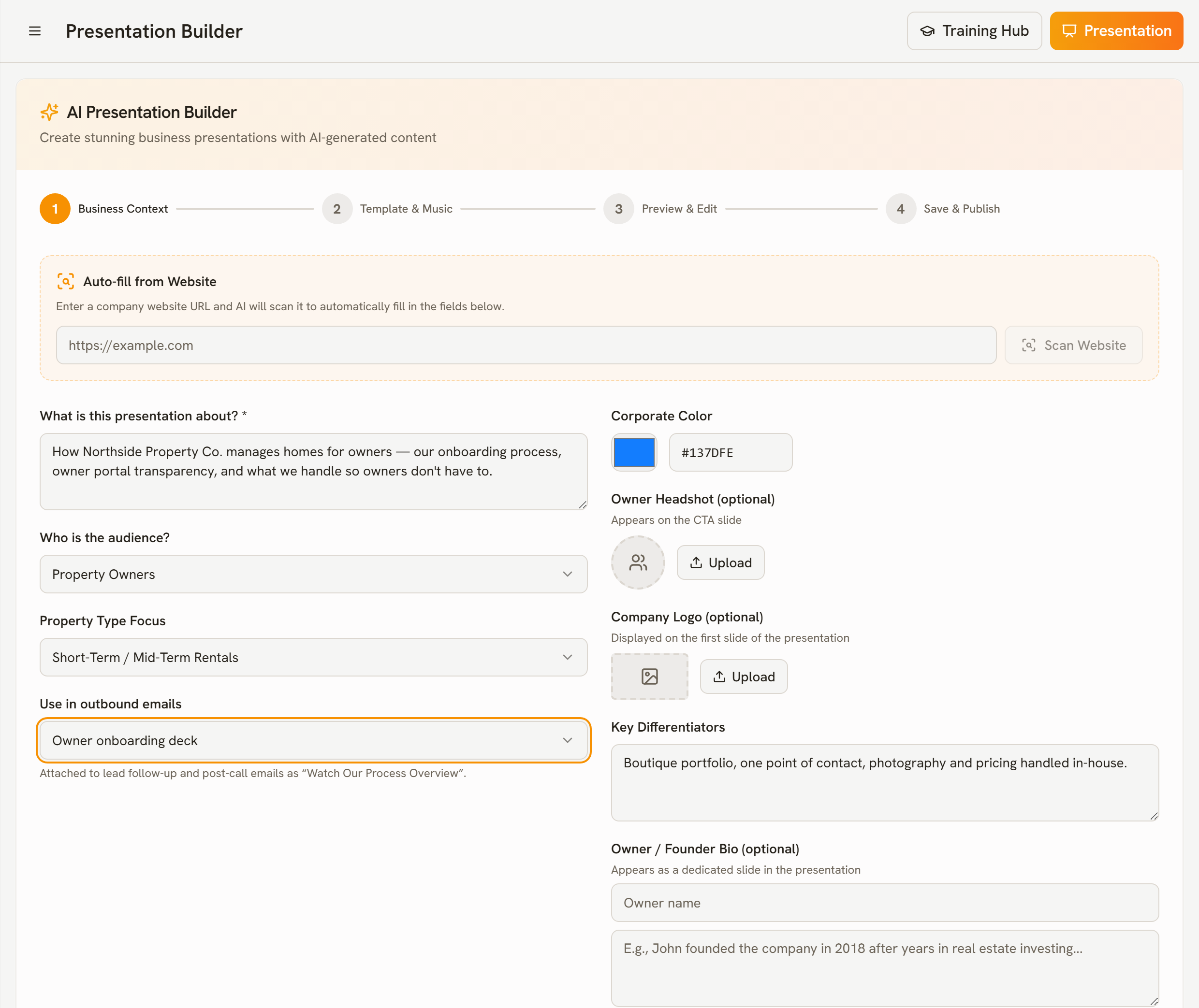 The Rentology presentation builder, composing an owner pitch deck